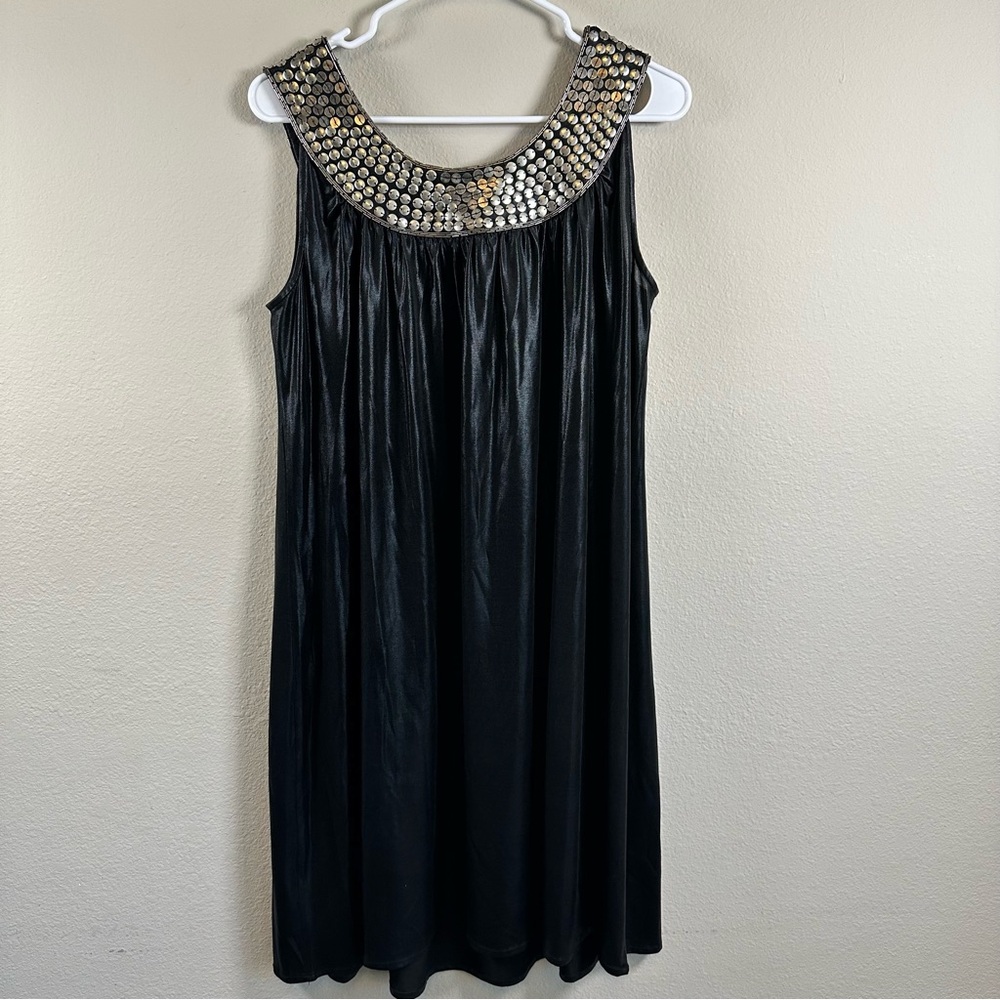 Vintage Lucca Black Stretch Shift Dress Large Metallic‎ Disc Collar Y2K Party - Picture 2 of 10